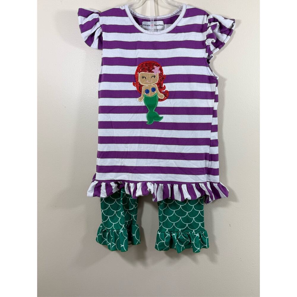 Mermaid Boutique Outfit Girl Purple Stripe Ruffle Bell Bottom Set Sequin Ariel 8